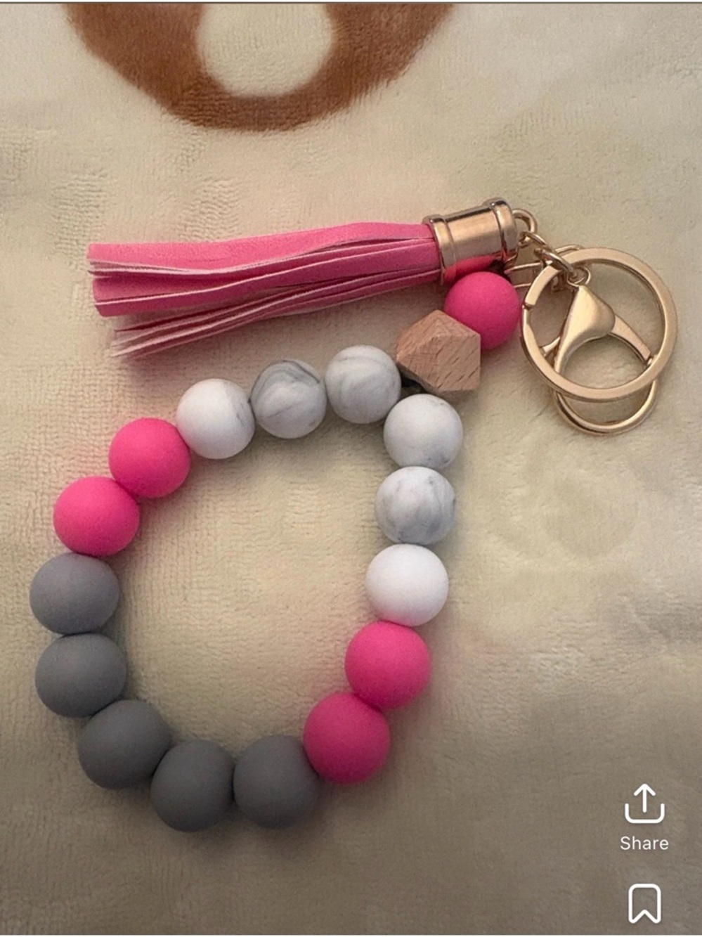 Pink & Gray Beaded Tassel Keyring Bracelet
